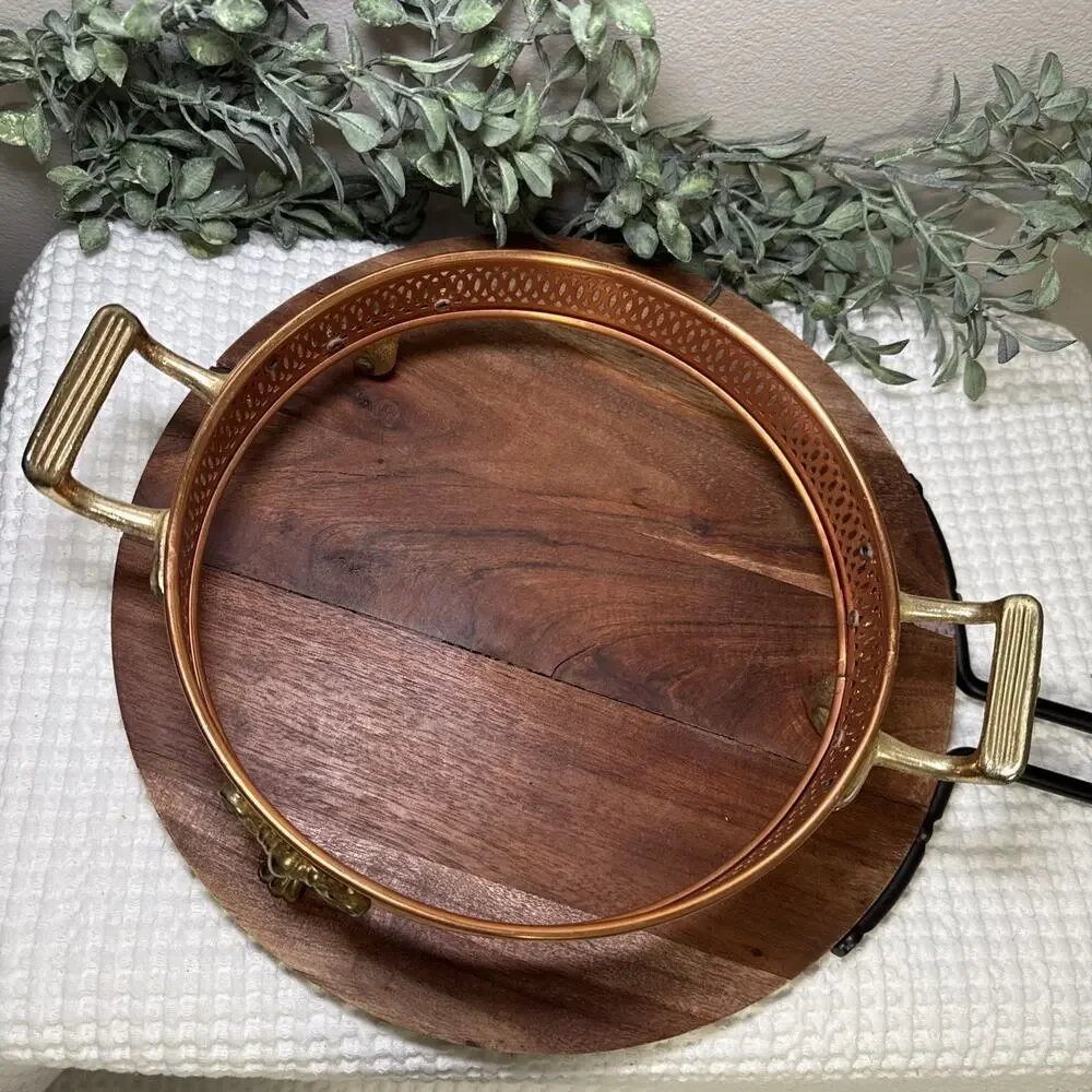 Copper Brass Gallery Bowl Holder Casserole Stand Footed Hollywood Regency Vtg
